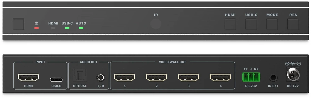HDMI vaizdo sienos valdiklis - priekio ir nugarėlės jungtys