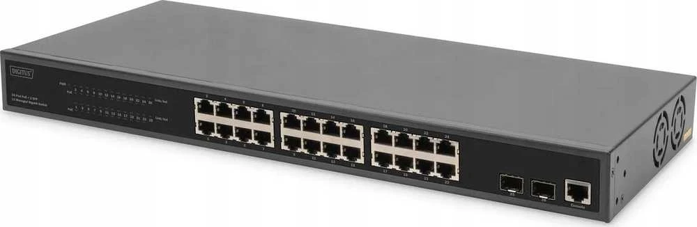 Šakotuvas „Digitus“ jungiklis „Digitus“ 24 prievadų valdomas Gigabit Ethernet PoE L2 jungiklis
