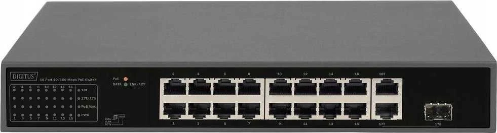 Šakotuvas Digitus | 16 prievadų greito Ethernet PoE komutatorius | DN-95355 | Nevaldomas | Montuojamas į stelažą | 10/100 Mbps (RJ-45) jungčių kiekis: 16 | SFP jungčių kiekis: 1