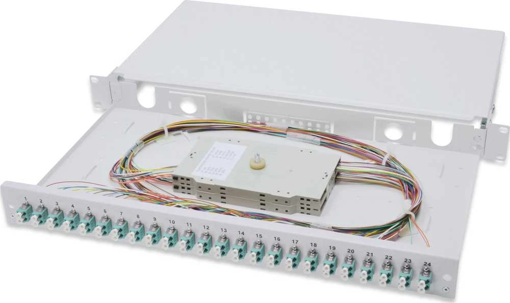 Assmann Electronic DIGITUS šviesolaidinis stumdomas sujungimo dėžė 1U Įrengtas 24x LC dupleksas, įskaitant. M 25 Screw Splice Cassette OM3 Color Pigtails Adapteris
