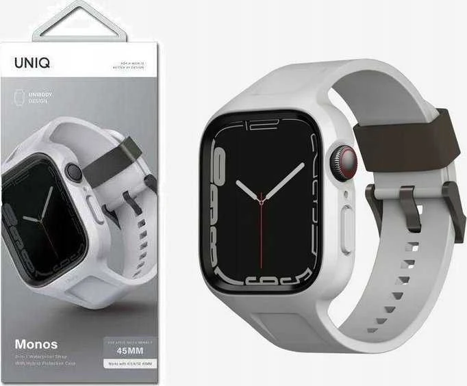 UNIQ Monos apyrankė 2in1 Apple Watch apyrankė + Dėklas Series 4/5/6/7/8/SE/SE2/SE3 44/45mm chalk pilkas