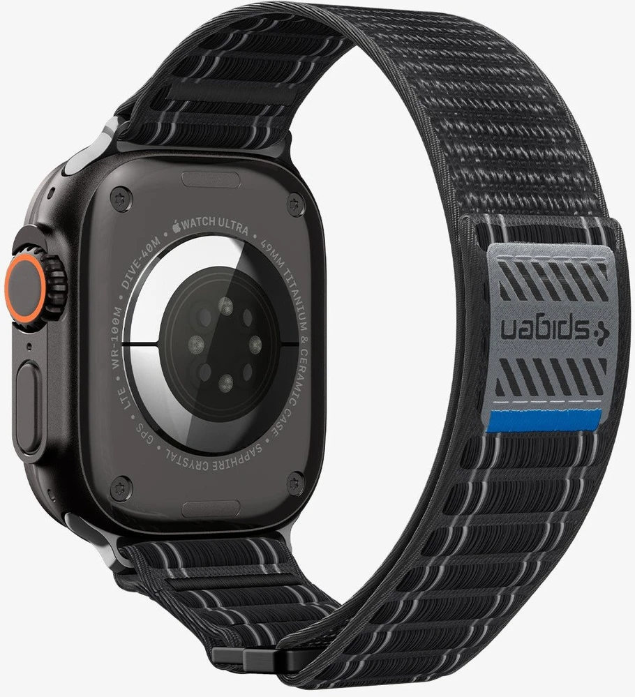 „Spigen Fabric Band“ apyrankė (su lipduku ir kilpa), juoda - Apple Watch 49mm/46mm/45mm/44mm