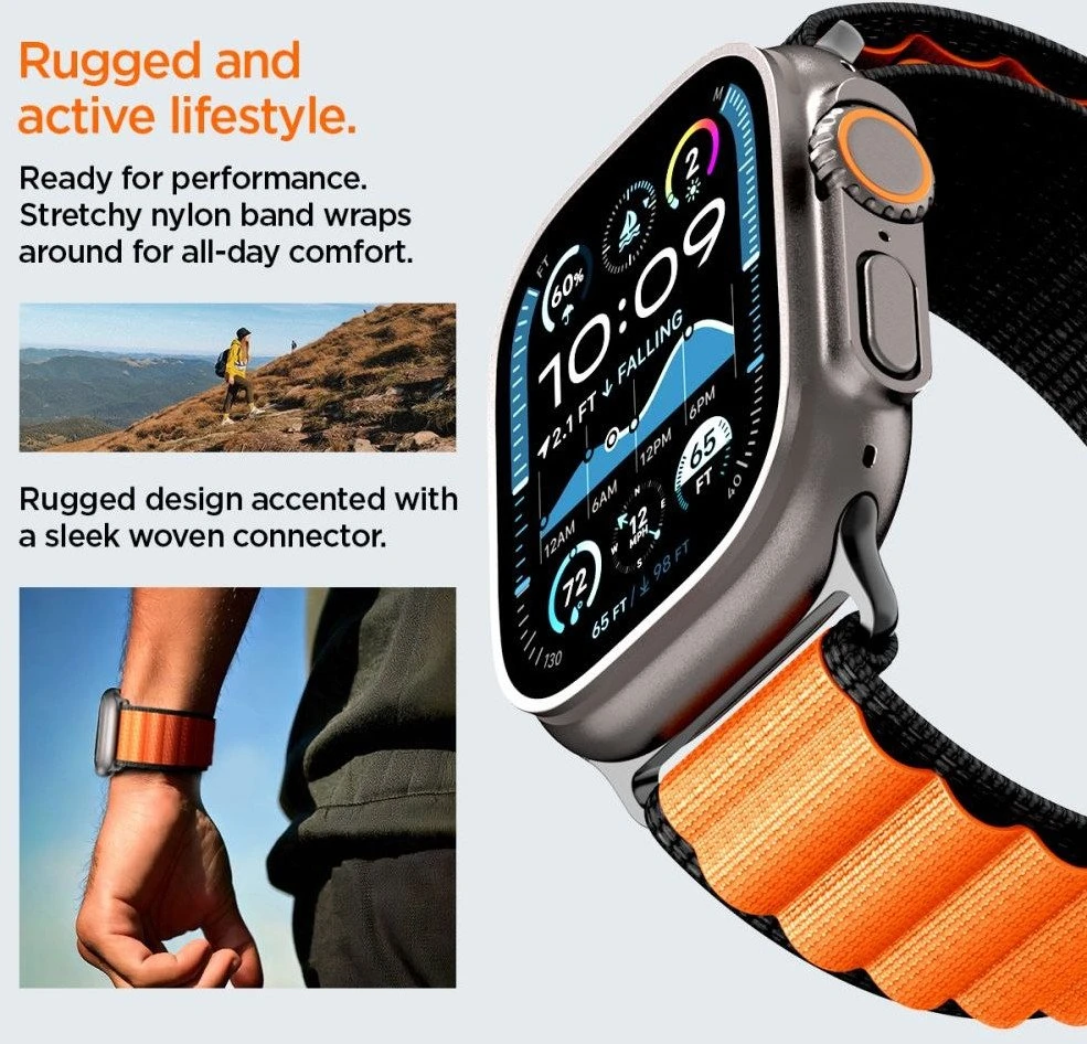 Spigen WBF1 Strap for Apple Watch 44 / 45 / 46 / 49 mm – juodos spalvos ir oranžinės spalvos