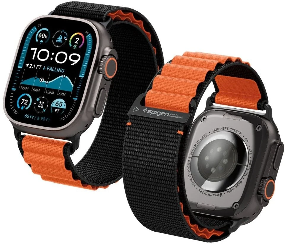 Spigen WBF1 Strap for Apple Watch 44 / 45 / 46 / 49 mm – juodos spalvos ir oranžinės spalvos