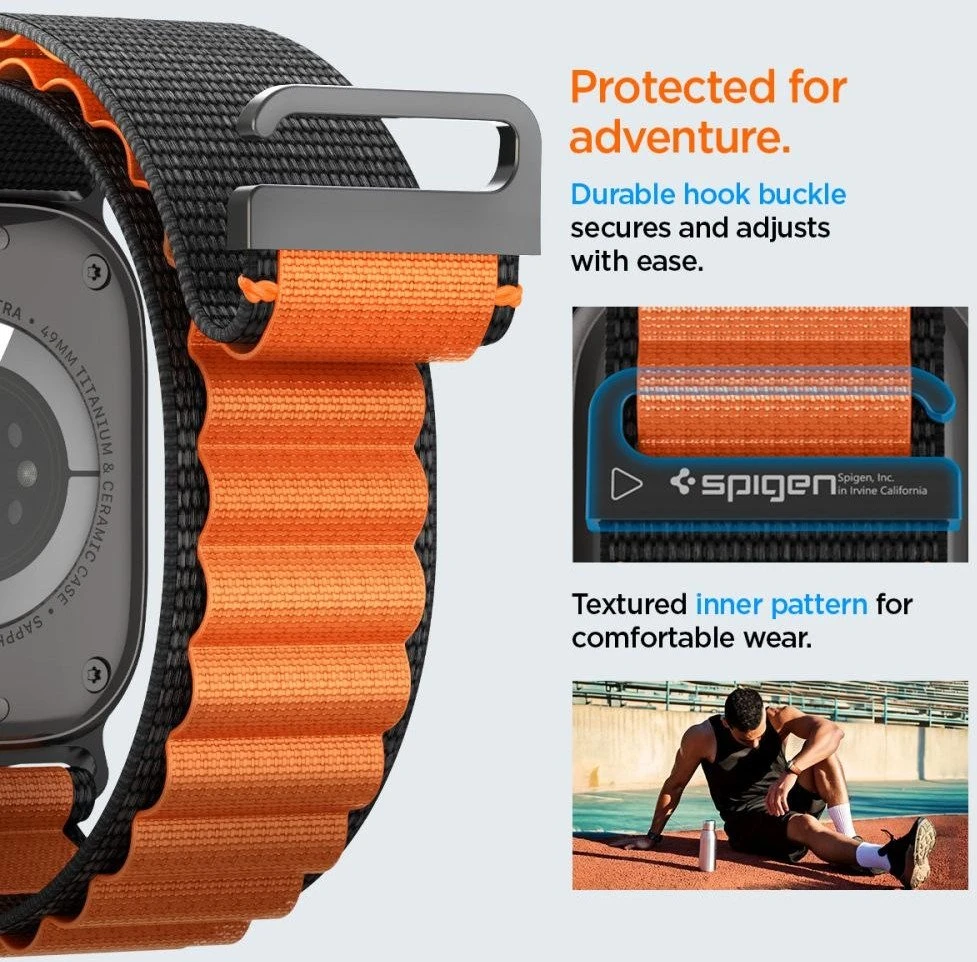 Spigen WBF1 Strap for Apple Watch 44 / 45 / 46 / 49 mm – juodos spalvos ir oranžinės spalvos