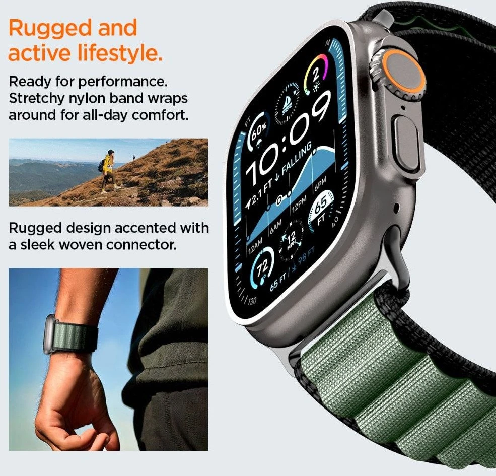 Apyrankė Spigen WBF1 Strap for Apple Watch 44 / 45 / 46 / 49 mm – juodos spalvos and žalios spalvos
