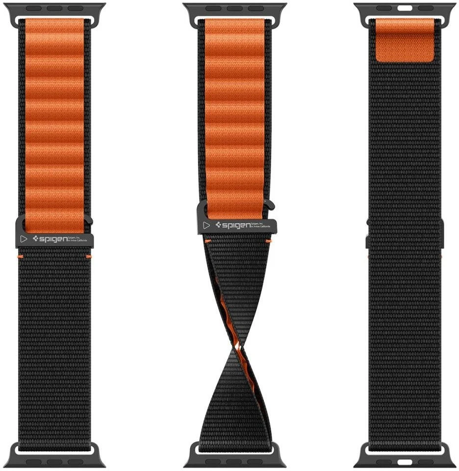 Spigen WBF1 Strap for Apple Watch 44 / 45 / 46 / 49 mm – juodos spalvos ir oranžinės spalvos