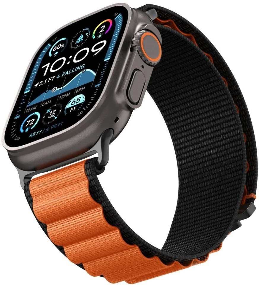 Spigen WBF1 Strap for Apple Watch 44 / 45 / 46 / 49 mm – juodos spalvos ir oranžinės spalvos