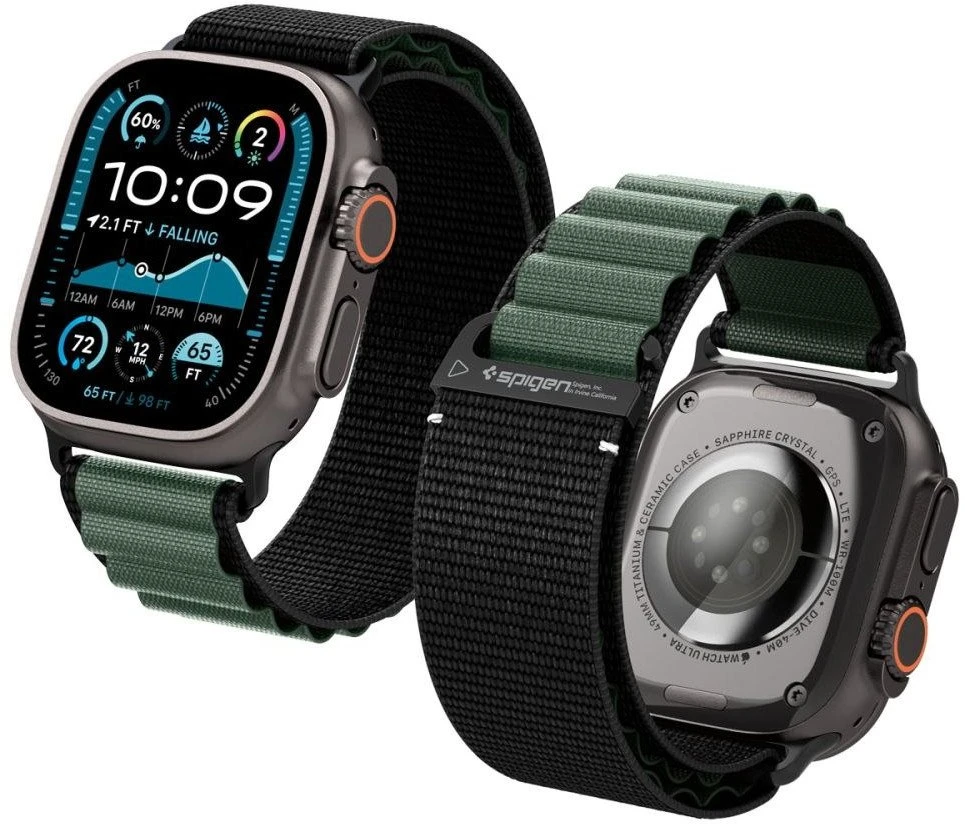 Apyrankė Spigen WBF1 Strap for Apple Watch 44 / 45 / 46 / 49 mm – juodos spalvos and žalios spalvos
