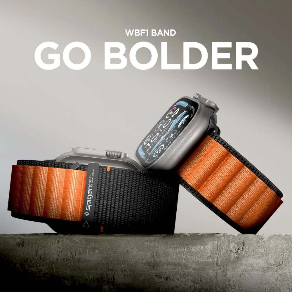 Spigen WBF1 Strap for Apple Watch 44 / 45 / 46 / 49 mm – juodos spalvos ir oranžinės spalvos