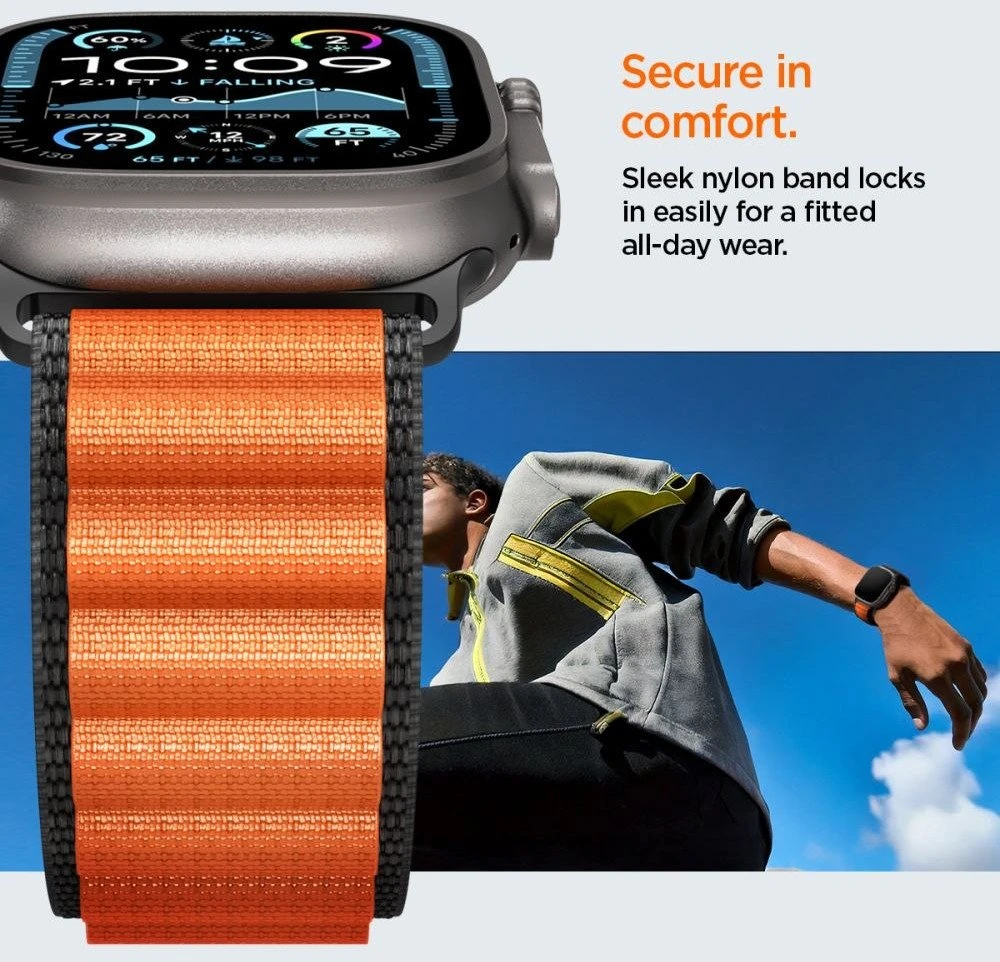 Spigen WBF1 Strap for Apple Watch 44 / 45 / 46 / 49 mm – juodos spalvos ir oranžinės spalvos