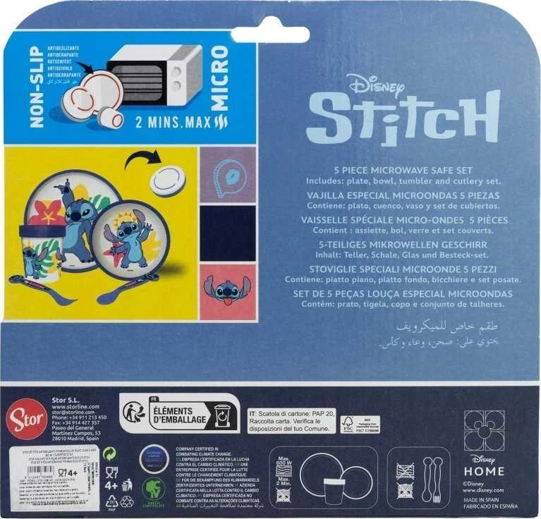 Disney Stitch - Neslystančių indų rinkinys mikrobangų krosnelei, 5 vnt. (lėkštė, dubuo, puodelis, šakutė, arbatinis šaukštelis)