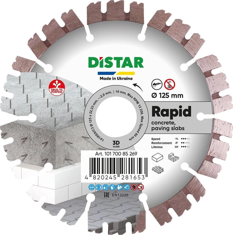 125 x 22.23 mm Distar RAPID universalus deimantinis pjovimo diskas betonui, plytoms
