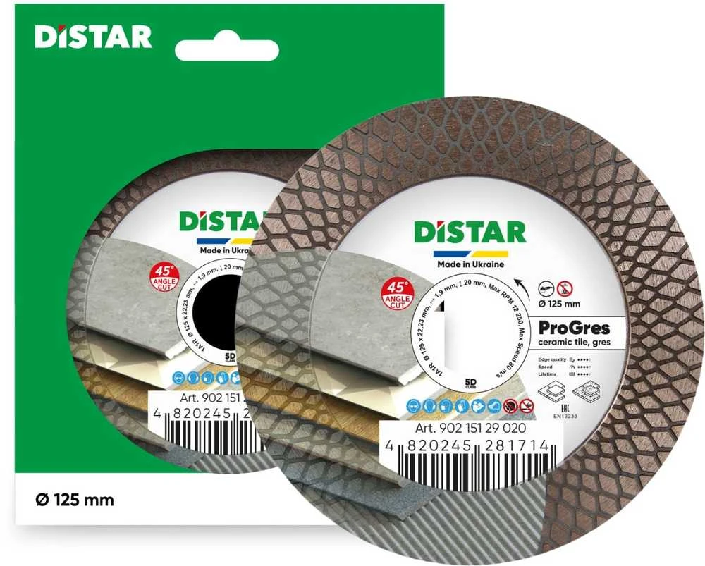 DISTAR PROGRES plytelių 45 laipsnių pjovimo ir šlifavimo diskas plytelėms 125 mm x 22.23 mm