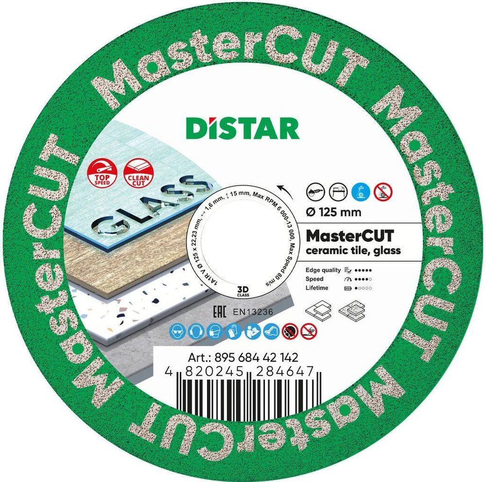 Distar 125mm MasterCUT deimantinis diskas stiklo, akmens masės, porcelianinių plytelių pjovimui