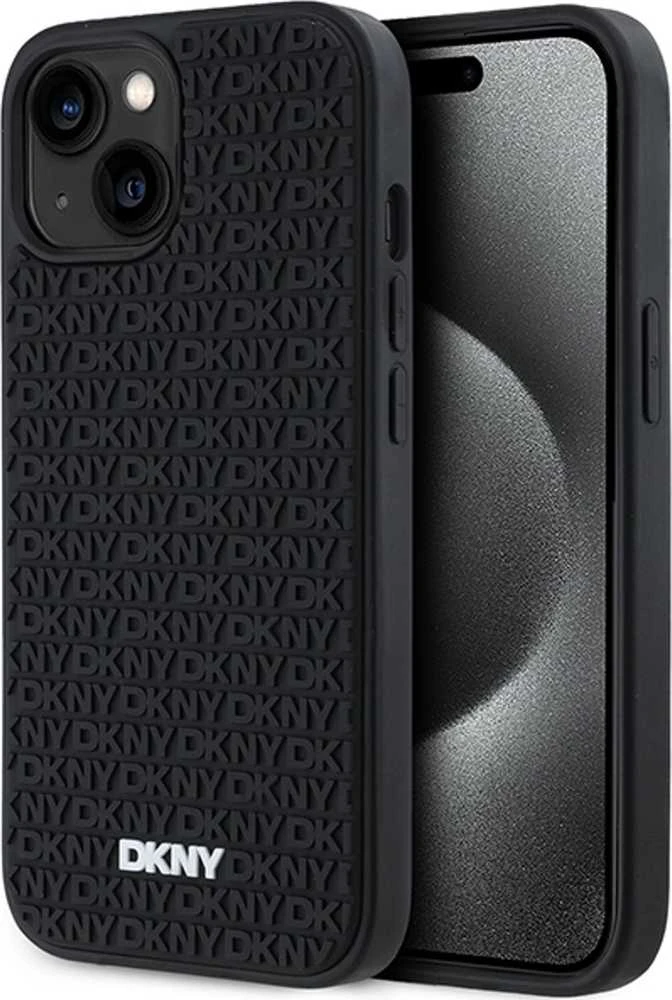 DKNY DKHCP15M3DRPWK Apple iPhone 15 Plus 14 Plus 6.7″ juodos spalvos kietas dėklas 3D Rubber Repeat Pattern