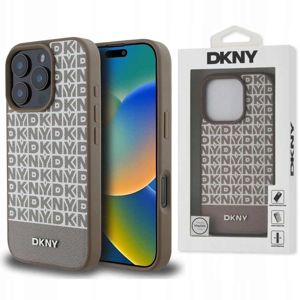 DKNY PU odos dėklas su pasikartojančiu raštu ir apatine juostele, skirtas MagSafe iPhone 16 Pro Max, rudas