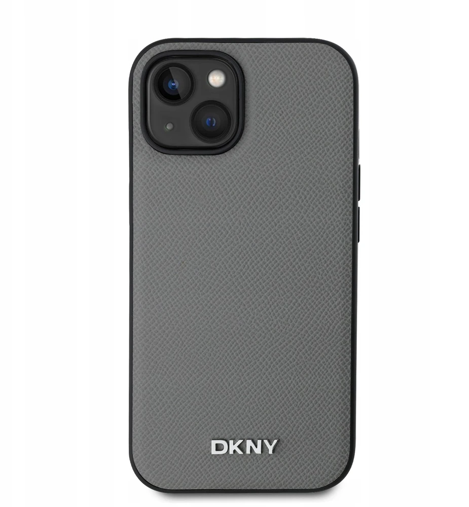 DKNY PU odos dėklas su sidabrinės spalvos metaliniu logotipu ir Magsafe funkcija, skirtas iPhone 13, pilkos spalvos