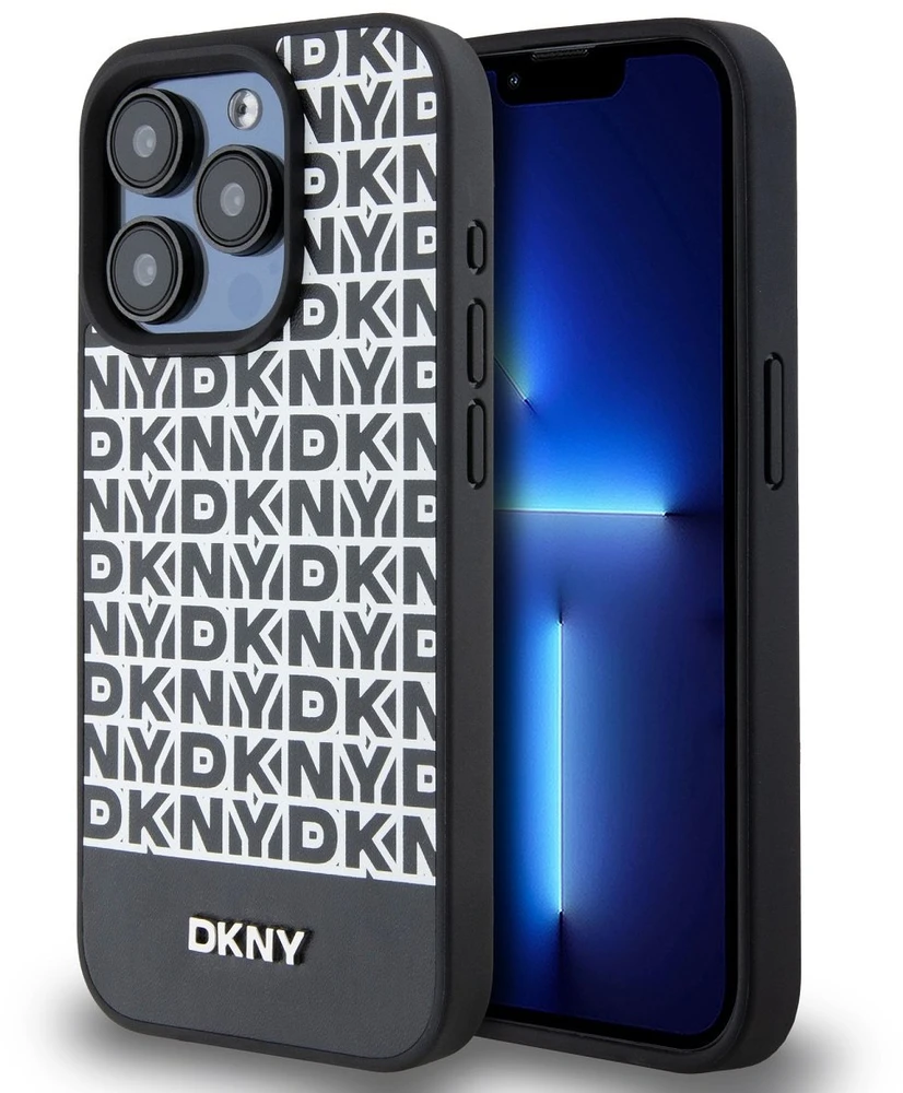 DKNY PU odos dėklas su pasikartojančiu raštu ir apatine juostele, skirtas iPhone 14 Pro Max, MagSafe, juodos spalvos