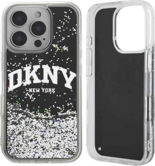 DKNY DKHCP16LLBNAEK Apple iPhone 16 Pro 6.3″ juodos spalvos kietas dėklas Liquid Glitter Arch Logo