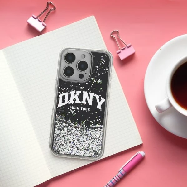 DKNY DKHCP16LLBNAEK Apple iPhone 16 Pro 6.3″ juodos spalvos kietas dėklas Liquid Glitter Arch Logo