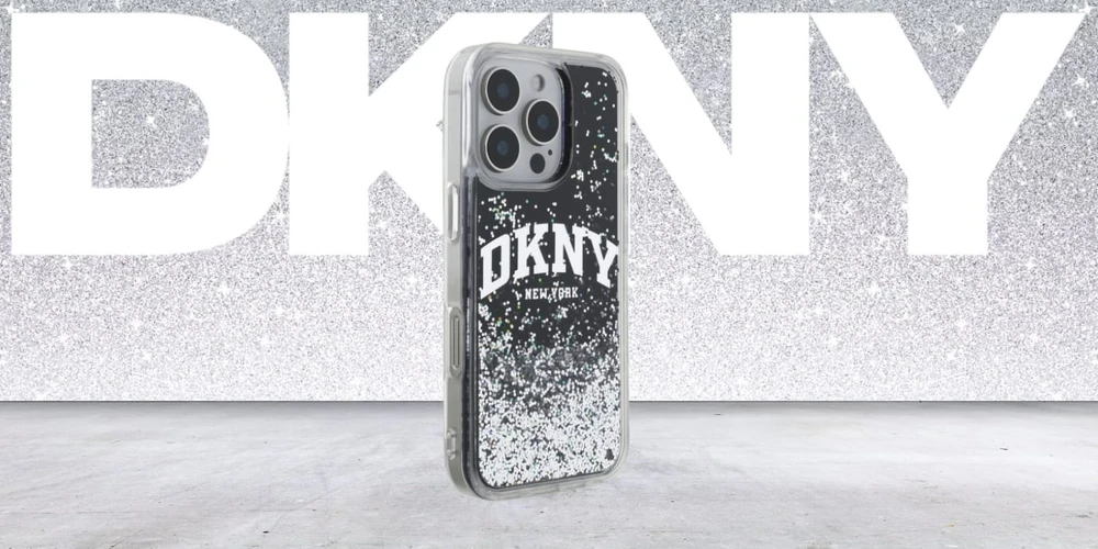 DKNY DKHCP16XLBNAEK Apple iPhone 16 Pro Max 6.9″ juodos spalvos kietas dėklas Liquid Glitter Arch Logo