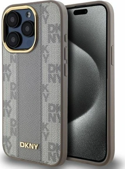 DKNY DKHMP14XPCPVSLE Apple iPhone 14 Pro Max 6.7″ beige kietas dėklas Leather Checkered Mono Pattern MagSafe