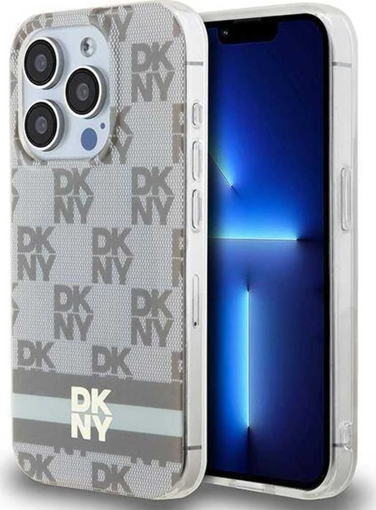 DKNY DKHMP15LHCPTSE Apple iPhone 15 Pro 6.1″ beige kietas dėklas IML Checkered Mono Pattern & Printed Strip