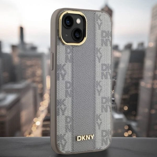 DKNY DKHMP15MPCPVSLE Apple iPhone 15 Plus 6.7″ beige kietas dėklas Leather Checkered Mono Pattern MagSafe