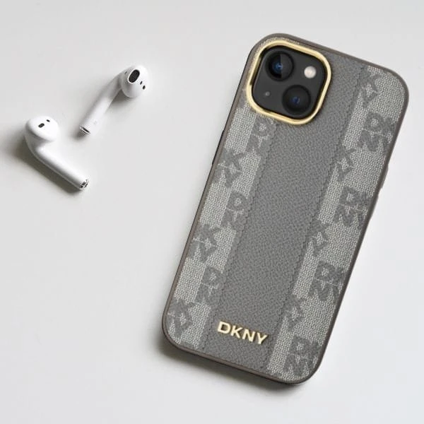 DKNY PU Leather Checkered Pattern Magsafe dėklas telefonui Apple iPhone 15 rusvai gelsvas