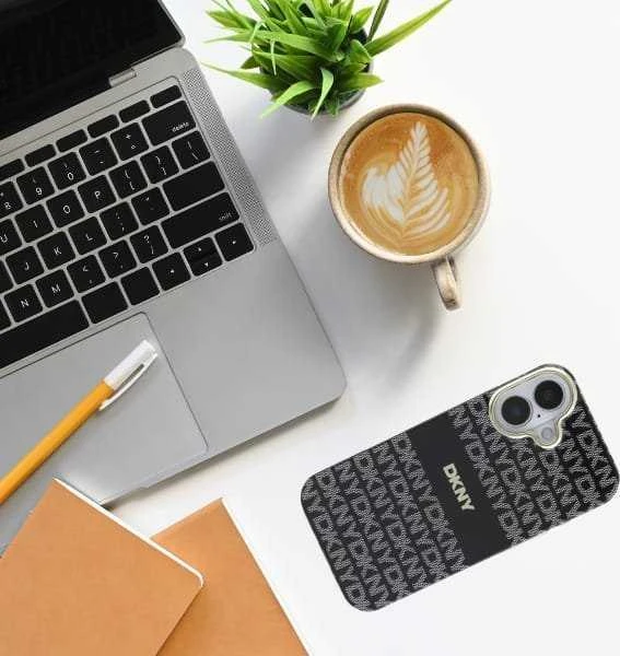 DKNY PC/TPU Repeat Pattern Tonal Stripe Magsafe Apple iPhone 16 dėklas telefonui juodos spalvos