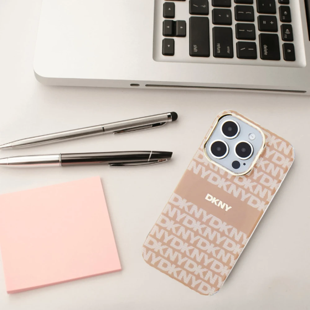 DKNY DKHMP16XHRHSEP Apple iPhone 16 Pro Max 6.9″ rožinės spalvos kietas dėklas Repeat Texture Pattern With Stripe