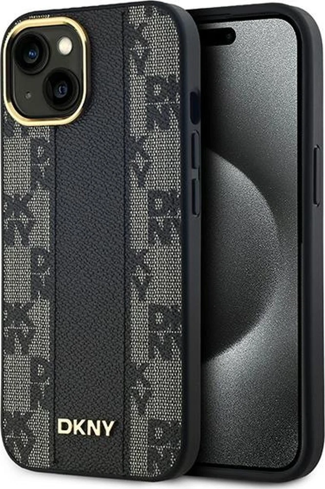 DKNY DKHMP15MPCPVSLK iPhone 15 Plus / 14 Plus 6,7" juodos spalvos kietas dėklas Leather Checkered Mono Pattern Mag