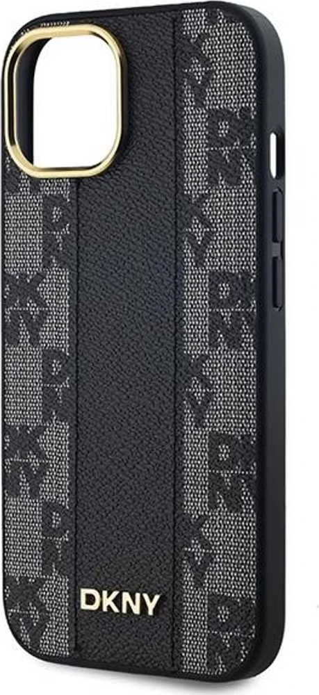 DKNY DKHMP15MPCPVSLK Apple iPhone 15 Plus 14 Plus 6.7″ juodos spalvos kietas dėklas Leather Checkered Mono Pattern Mag
