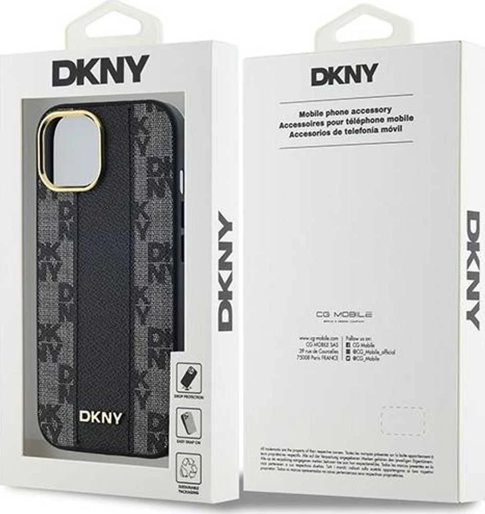 DKNY DKHMP15MPCPVSLK Apple iPhone 15 Plus 14 Plus 6.7″ juodos spalvos kietas dėklas Leather Checkered Mono Pattern Mag