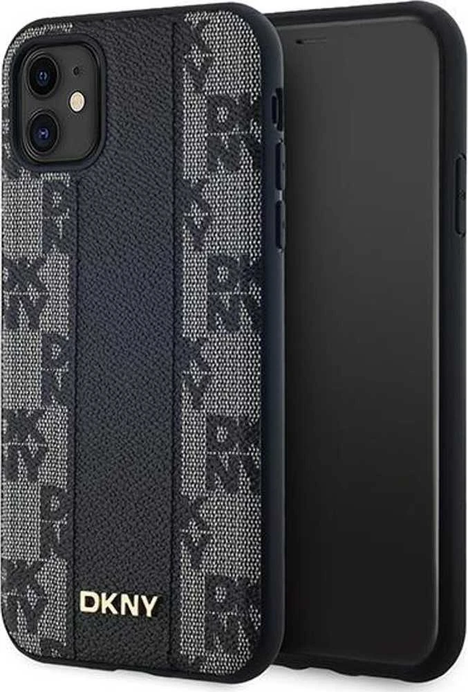 DKNY DKHMN61PCPVSLK Apple iPhone 11 Xr 6.1″ juodos spalvos kietas dėklas Leather Checkered Mono Pattern MagSafe
