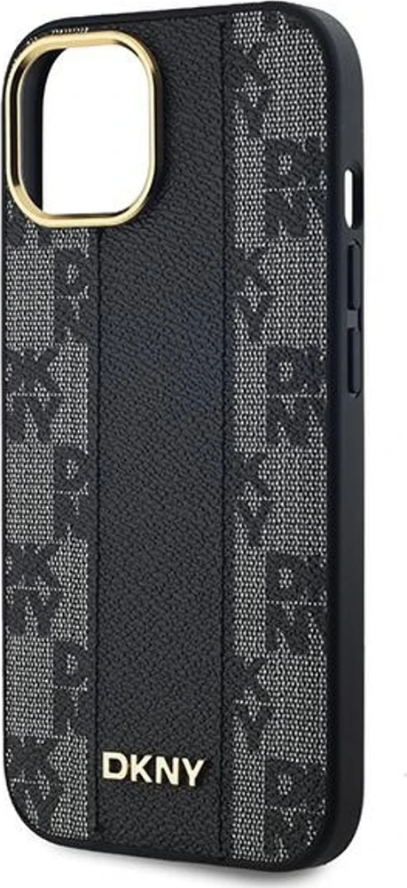 DKNY DKHMP14SPCPVSLK Apple iPhone 14 15 13 6.1″ juodos spalvos kietas dėklas Leather Checkered Mono Pattern MagSafe