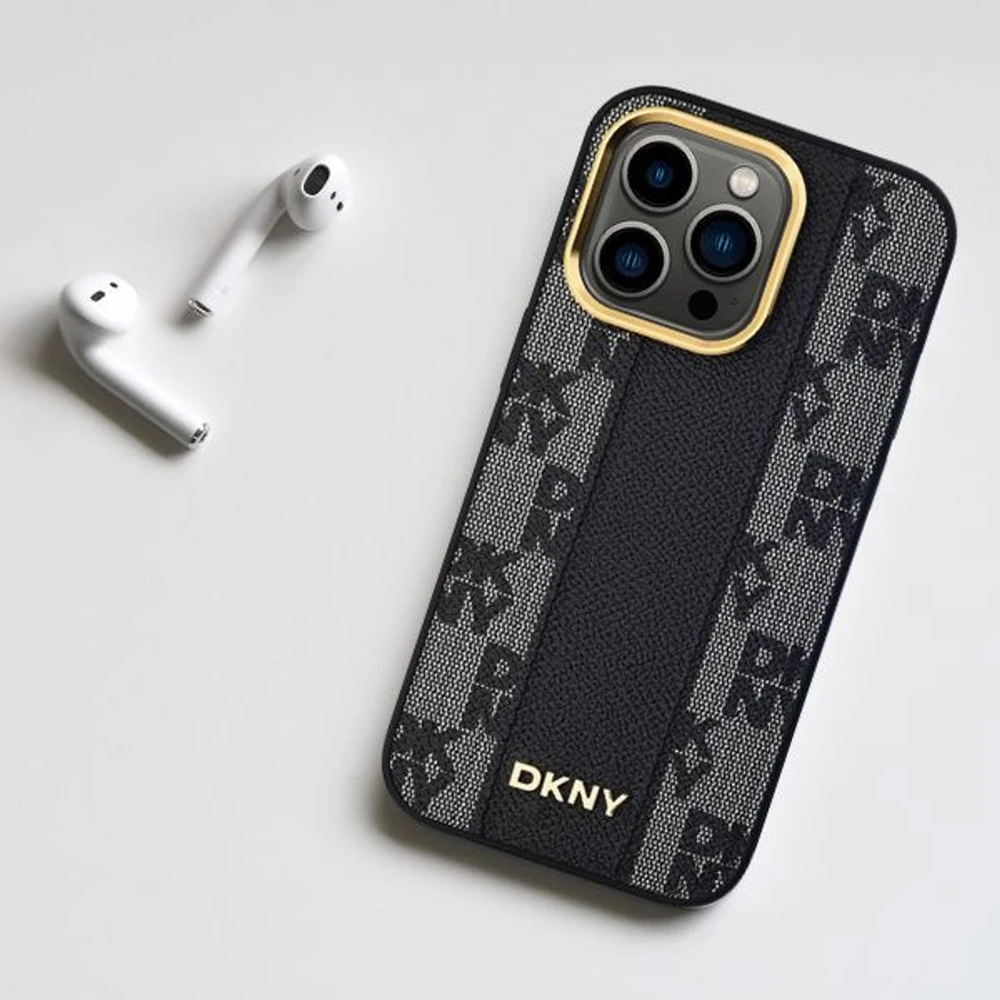 DKNY DKHMP13LPCPVSLK Apple iPhone 13 Pro 13 6.1″ juodos spalvos kietas dėklas Leather Checkered Mono Pattern MagSafe