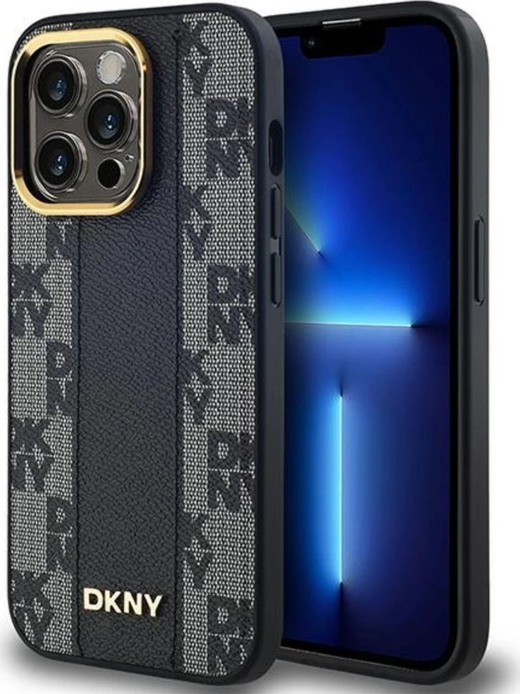 DKNY DKHMP13XPCPVSLK iPhone 13 Pro Max 6,7" juodos spalvos kietas dėklas su languotu monogramos raštu iš odos, su MagSafe