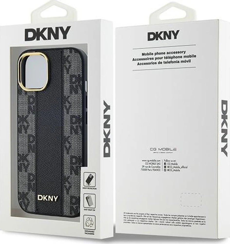 DKNY DKHMP14SPCPVSLK Apple iPhone 14 15 13 6.1″ juodos spalvos kietas dėklas Leather Checkered Mono Pattern MagSafe