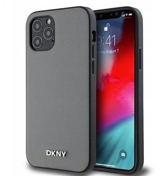 DKNY PU odos dėklas su sidabrinės spalvos metaliniu logotipu ir MagSafe funkcija, skirtas iPhone 12/12 Pro, pilkos spalvos