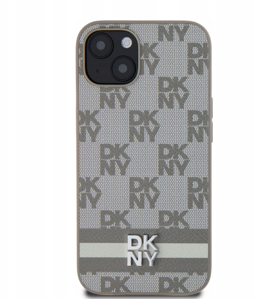 DKNY PU odos dėklas su languotu raštu ir dryžiais, skirtas iPhone 13, smėlio spalvos