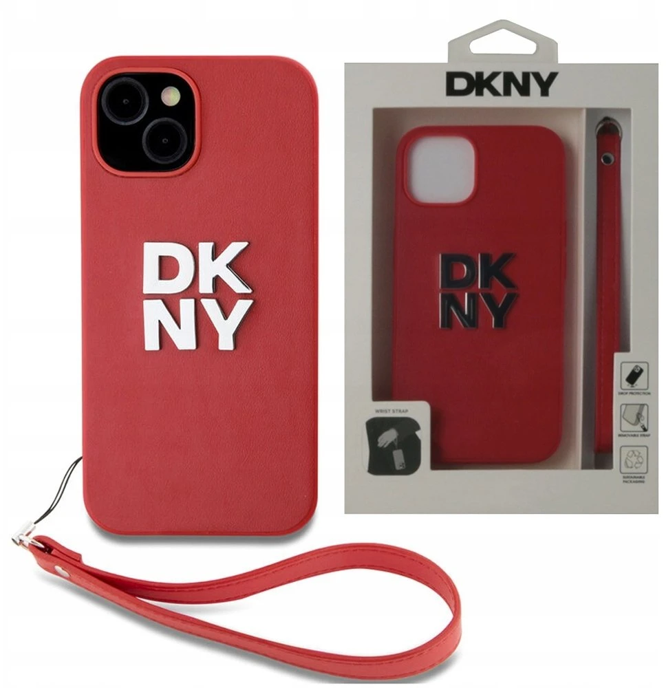 DKNY PU Leather Stack Logo Wrist Strap dėklas telefonui Apple iPhone 15 raudonos spalvos