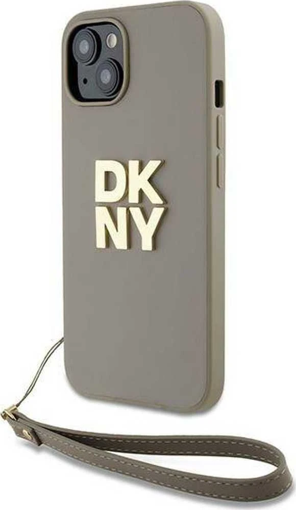 DKNY DKHCP15SPBSWSE Apple iPhone 15 / 14 / 13 6.1" smėlio spalvos kietas dėklas su riešo dirželiu ir gamykliniu logotipu