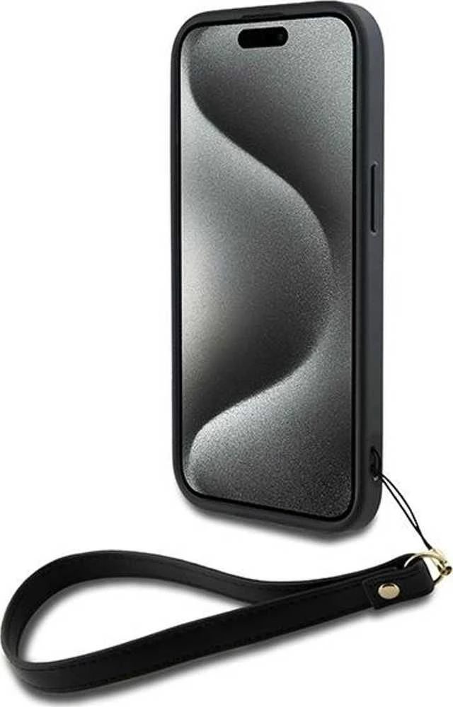 DKNY DKHCP15SPBSWSK Apple iPhone 15 / 14 / 13 6.1 colio juodos spalvos kietas dėklas su riešo dirželiu ir standartiniu logotipu