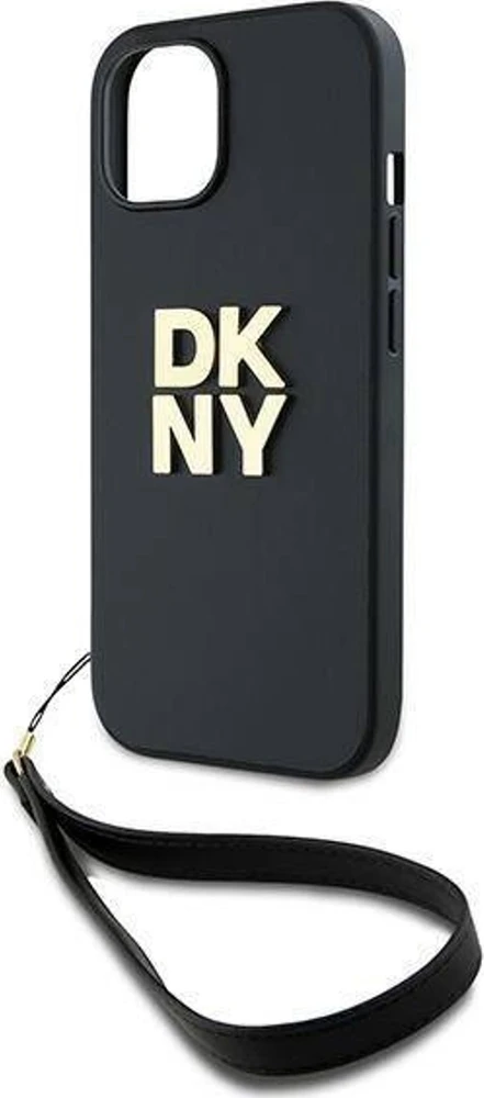 DKNY DKHCP15SPBSWSK iPhone 15 / 14 / 13 6.1 colio juodas kietas dėklas su riešo dirželiu ir „Stock“ logotipu