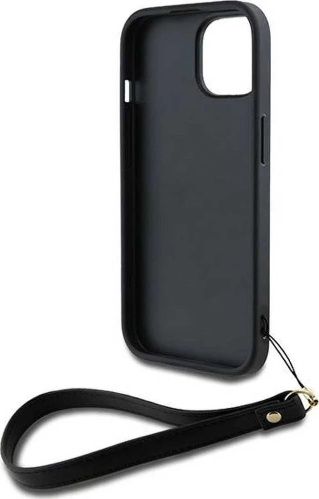 DKNY DKHCP15MPBSWSK Apple iPhone 15 Plus 6.7 colio juodos spalvos kietas dėklas su riešo dirželiu ir standartiniu logotipu