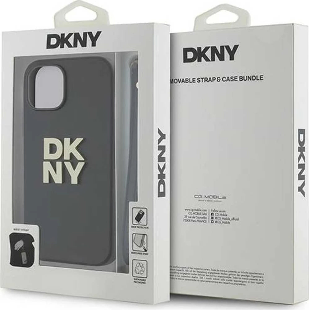 DKNY DKHCP15MPBSWSK Apple iPhone 15 Plus 6.7 colio juodos spalvos kietas dėklas su riešo dirželiu ir standartiniu logotipu