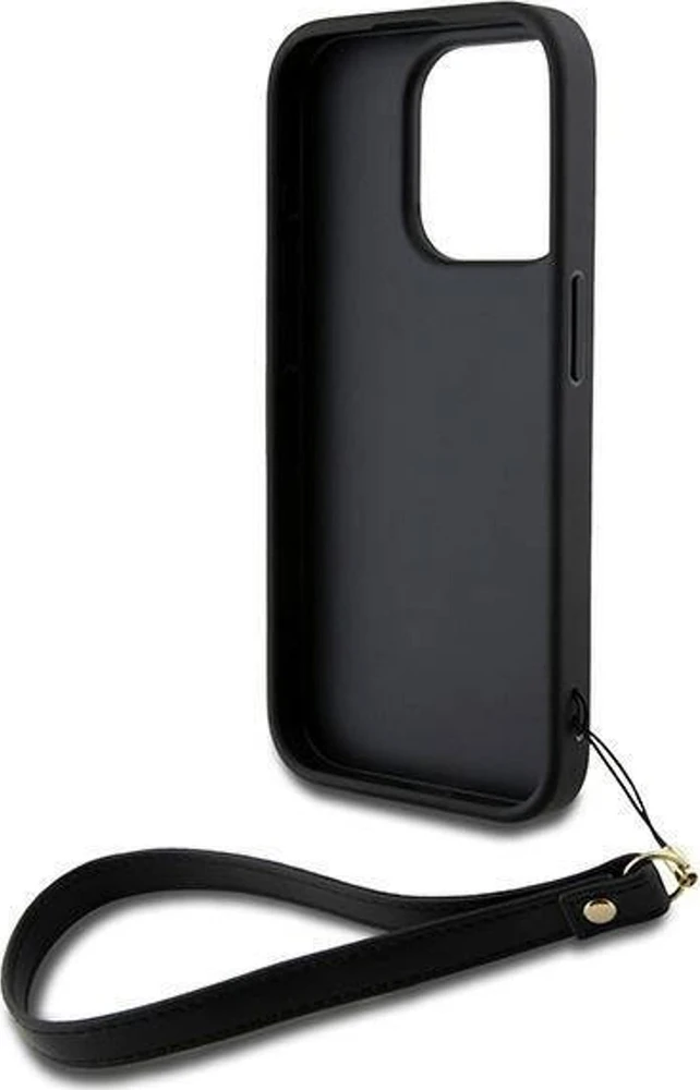iPhone 15 Pro DKNY kietasis dėklas su riešo dirželiu Stock Logo (DKHCP15LPBSWSK) telefono dėklas, juodos spalvos