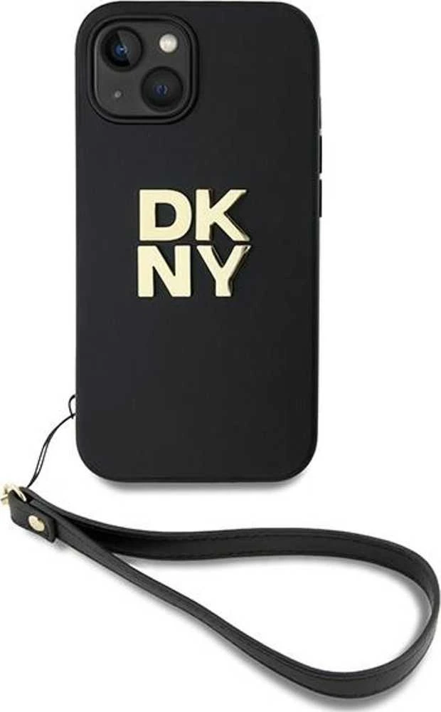 DKNY DKHCP15SPBSWSK Apple iPhone 15 / 14 / 13 6.1 colio juodos spalvos kietas dėklas su riešo dirželiu ir standartiniu logotipu
